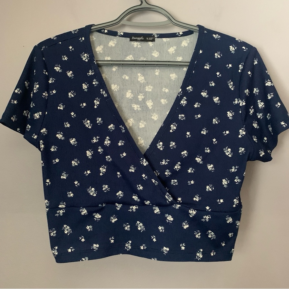 Pineapple Navy Floral Ribbed V Neck Wrap Crop Top XL Cottagecore